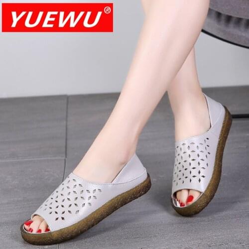YUEWU Women’s Large Size Hollow Out Nurse Shoes Genuine Leather Flat Bottom Non Slip Fish Mouth Shoes For Pregnant Women