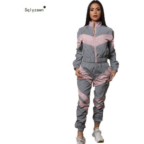 Streetwear Reflective Gray Sportwear Two Piece Set Women Autumn Sweat Jacket Top and Pants Jogger Pink Tracksuit Matching Outfit