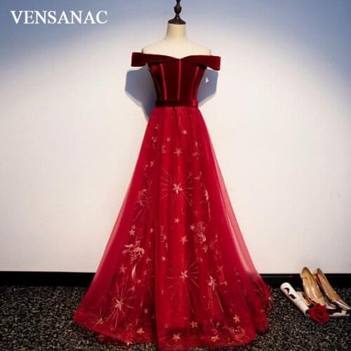 VENSANAC Velour Boat Neck A Line Long Evening Dresses Party Lace Appliques Sweep Train Backless Prom Gowns