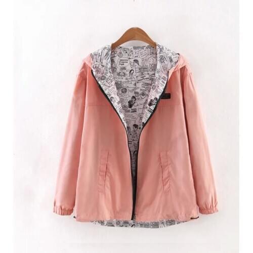 2021 Spring Hot Sale Women Basic Jacket Coat Two Side Wear Print Cartoon Pocket Zipper Hooded Jackets Windbreaker Outwear Female