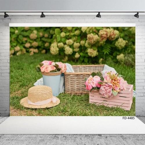Flowers Grassland Hat Basket Bokeh Photo Backdrop Vinyl Photography Backgrounds for Wedding Birthday Valentines Day Photocall