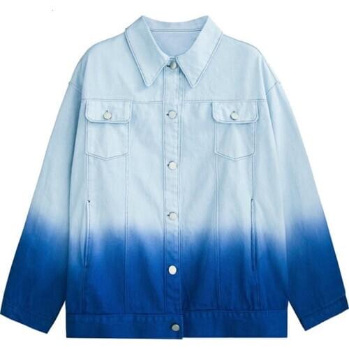 2020 Autumn Fashion Women coat Gradient Blue Full Sleeve Lapel Collar High Street Loose simple wild Denim Jacket C413