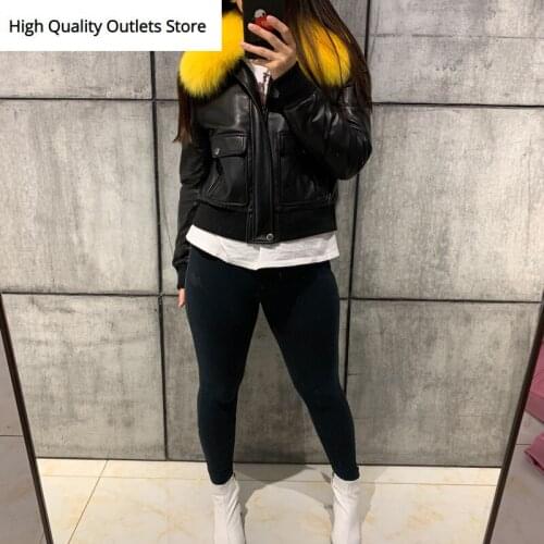Women quality genuine leather jacket fashion lady leather jacket fur collar