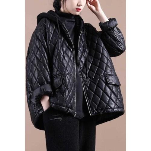 Plus Size Womens Autumn And Winter Overcoat 2021 New Korean Loose Rhombus Plaid Thick Hooded PU Leather Jacket Female aq135