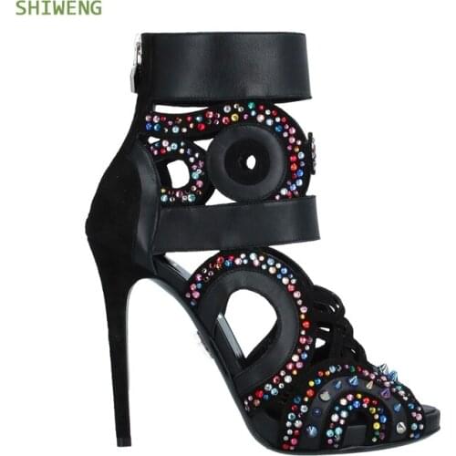 2021 Summer Crystal Decoration High Heel Boots Women Rivet Thin Heel Sandals Gladiator Ladies Shoes Black Size 35-44