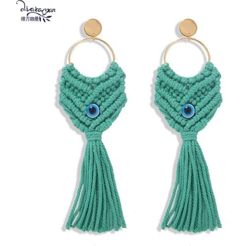 Dvacaman Evil Eye Statement Earrings Women Handmade Woven Long Drop Earrings Round Metal Pendant Earrings Wholesale Jewelry Gift