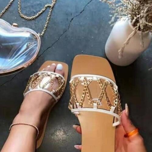 2021 Summer New Metal Chain Braided Square Toe Slippers One-line Female Sandals Outdoor Wear Womens Shoes