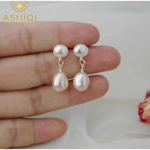 ASHIQI 8-9mm White Baroque Double Pearl Drop Earrings for Women with 925 Sterling Silver Handmade wedding Jewelry Gift