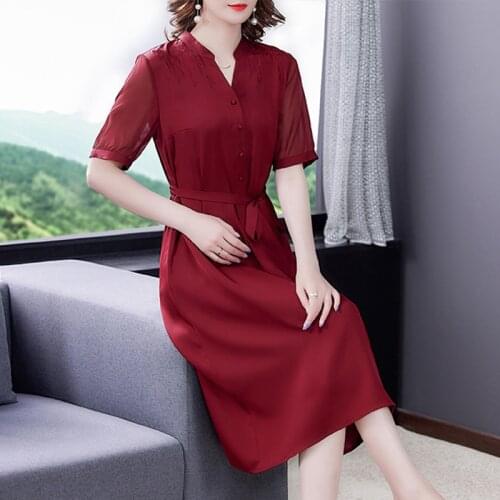 2021 Summer Vintage Red Mulberry Silk Satin Midi Dress Women Casual Solid New 4XL Plus Size Dress Elegant Bodycon Party Vestidos