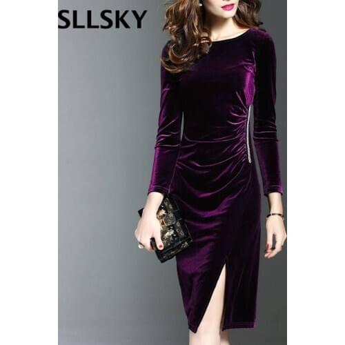 SLLSKY Women Velvet Dress Solid Elegant Female Slit Hemline Ruched Dress 2019 New Autumn Winter Long Dresses Women Clothing