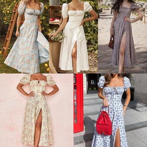 Sexy Summer Slash Sleeve Boho Empire Womens Maxi Robe New Fashion Bohemia Print Backless Split Party Midi Ladies Dress Vestidos