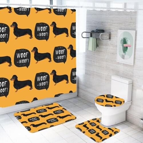 3/4 Pieces Cartoon Animals Shower Curtains Sets 3D Print Sausage Dogs Bathroom Sets Dachshund Black Dogs Bath Mat Toilet Cover