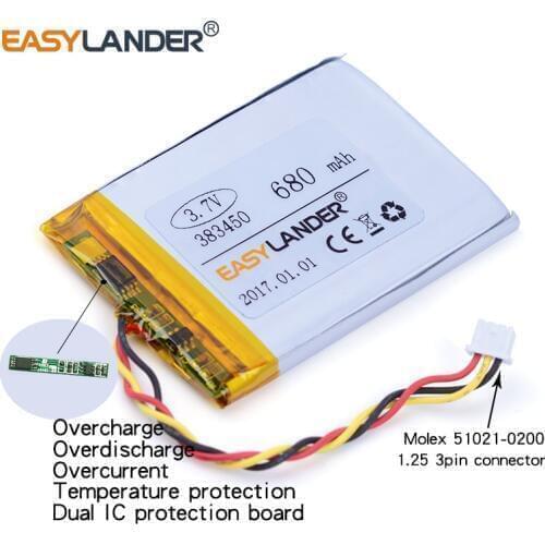 3-wire 383450 3.7V 680mAh Li-Polymer Li-ion Battery For Traffic recorder electronic part DIY Streamer safety GPS MP4 MP3 DVR