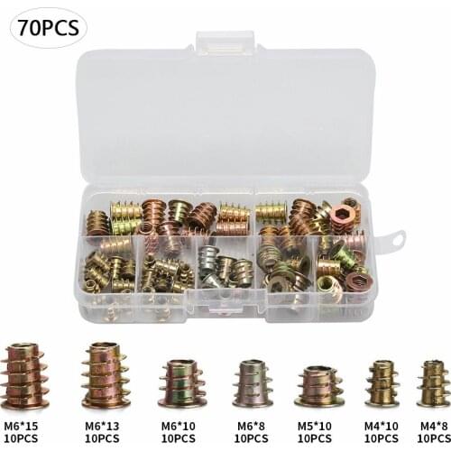 70pcs M4 M5 M6 Thread Inserts Nut Wood Insert Assortment Kit Nut Flanged Hex Drive Head Furniture Inserts Fixing Bolt Screw Nut