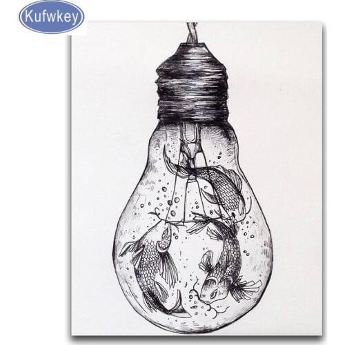 5d Diamond painting light bulb fish Diamond mosaic Full drill Square round Diamond embroidery Cross stitch black white wall art