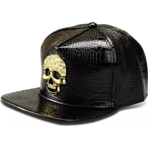 Metalen Schedel Strass Zwarte Baseball Caps Slangenhuid Lederen Rand Punk Rock Cap Snapback Hoeden Zonnehoed mannen Vrouwen