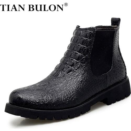Crocodile Pattern Men Ankle Boots Mens Chelsea Boots Leather High Quality Autumn Winter Warm Fur Snow Boots Men Platform Boots