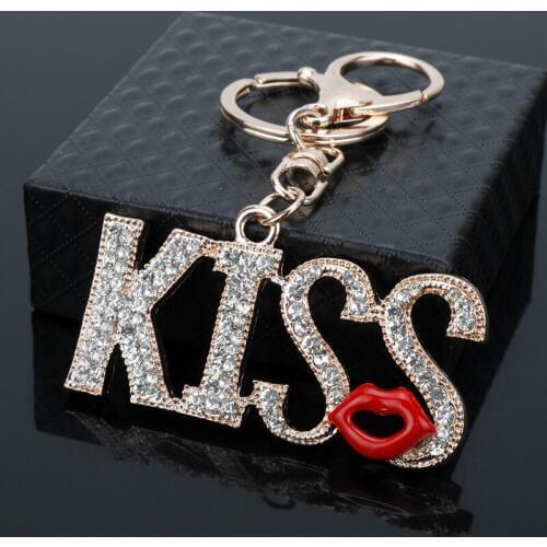 Women Delicate Keychain Trinket Letters KISS Red Lips Key ring Female Purse Jewelry Handbags Car keyholder Rhinestones Key Chain