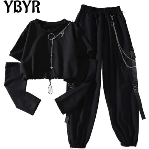 YBYR Women Harajuku Cargo Pants Fashion Casual Two-piece Suit Chain Long Sleeve+Ribbon Pants Men Punk Elastics Waist Trousers