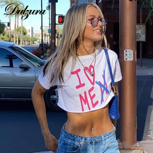 Dulzura 2021 Summer Women White Letter Print Crop T Shirt Short Sleeve Top Loose Casual Streetwear Clothes Y2K
