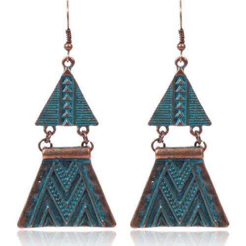 HC Antique Blue Color Metal Earrings Women Bohemian Party Jewelry Vintage Triangle Geometric Long Dangle Earrings Bijouterie F