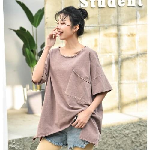 Cotton loose oversized women t-shirts 2020 summer new o-neck short-sleeved loose pocket casual all match female pulls tops tees