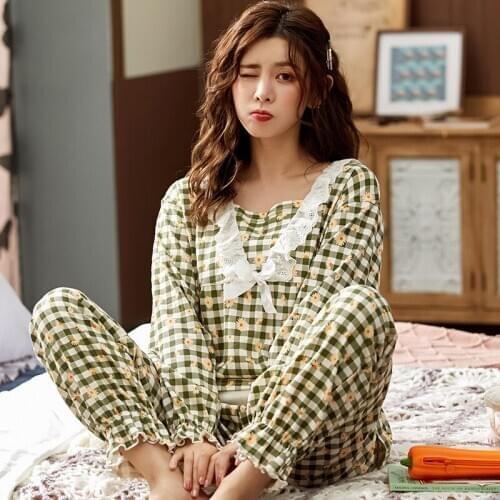 KISBINI Cotton Plaid Pajamas Set For Women 2020 Autumn Spring Lace Long Sleeve Lady Sleepwear Fashion Women Pyjamas Set XXXL