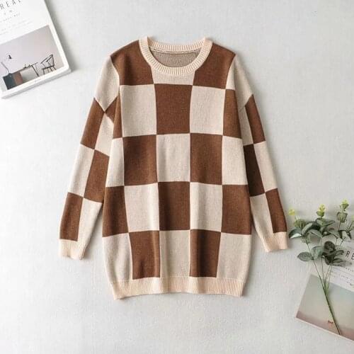 Coffee Plaid Sweater Casual Brown Loose Pullover Za Woman 2021 Spring Autumn Fashion Ladies Winter Top Streetwear Chic Stylish