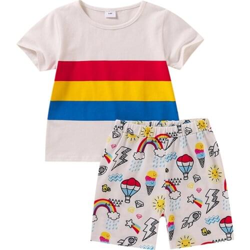 Children Boys Outfit 2Pcs Summer Toddlers Rainbow Short Sleeve Round Collar Top + Cartoon Fire Balloon Sun Printing Shorts