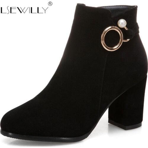 Lsewilly Winter Ankle Boots Fashion Women Shoes Zipper Square High Heel Pointed Toe Flock Women Shoes Big Size 33-52 E128
