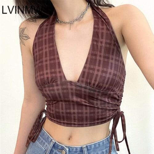 LVINMW Low Cut Plaid Sexy Vintage Women Tank Tops V Neck Sleeveless Lace Up Shirring Casual Crop Top Halter Backless Chic Cloth
