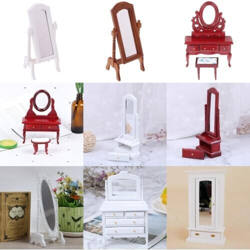 Mini Doll Furniture Miniature Wood Dollhouse Bedroom Dresser Desk Mirror Play Model Accessories Toys for Children Christmas