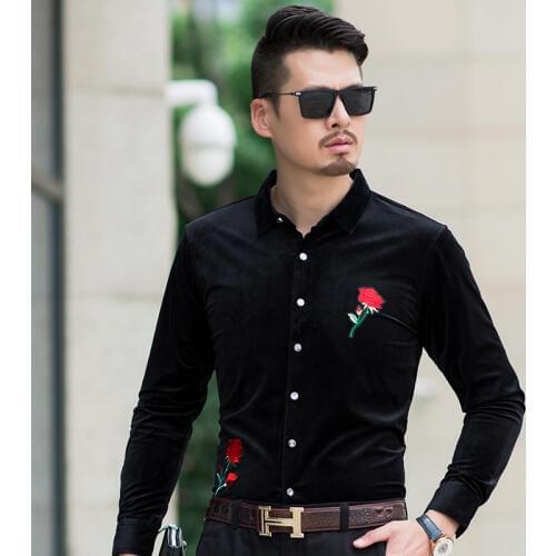Rose embroidery patch fashion casual high-end luxury long sleeve shirt Autumn 2018 New quality soft comfortable shirt men M-XXXL