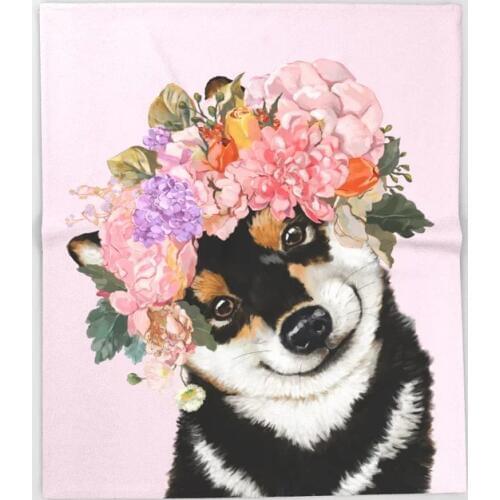 Dog Shiba Inu Cartoon Throw Blanket Cute Kids Design Flower Crown Pink Blankets for Beds Christmas Decorations for Home