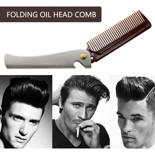 1 Pcs Men Folding Pocket Comb Knife Shape PP Teeth Detangling Hair Beard Comb Metal Handle Foldable Combing Facial Mustache Comb