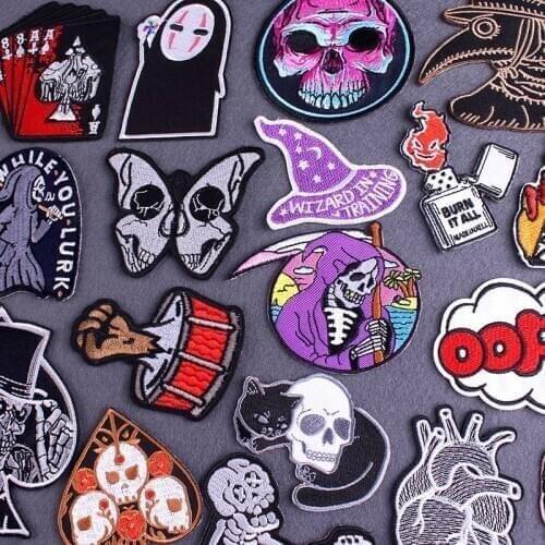 Grim Reaper Skull Patch Iron On Patches For Clothing Badge Hippie Biker Embroidered Patches For Clothes Stripes Embroidery Patch