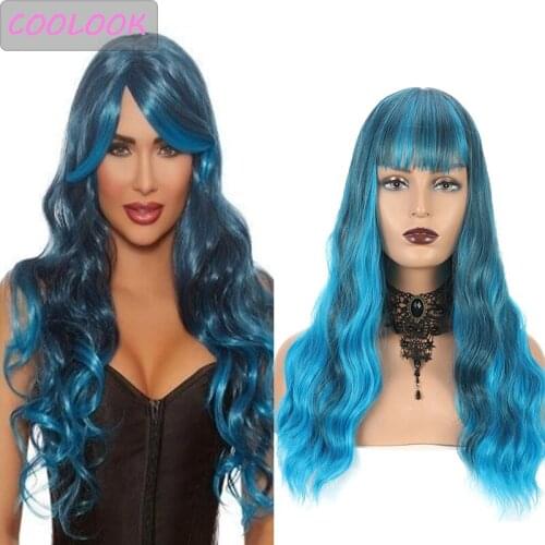 Body Wave Blue Wig 24''orange Natural Wave Womens Wigs with Bangs Synthetic Heat Resistant Long Wavy Hair Wig Cosplay Fake Hair