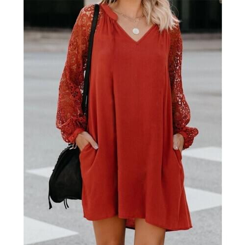 BAMBOOBOY Spring Autumnn Long Sleeve Solid V-neck Lace Hollow Out Loose Woman Casual Dress FC768