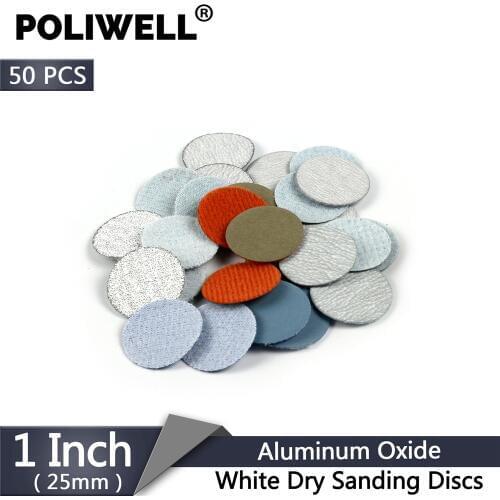 POLIWELL 50PCS 1 Inch 25mm Sandpaper 60/600/2000/3000/10000 Grit White Dry Sanding Discs Aluminum Oxide Flocking Polishing Paper