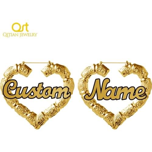 Custom Bamboo Hoop Earrings Stainless steel Custom Name Earrings Heart-shaped /Round bamboo Earrings Personality Gifts For Women