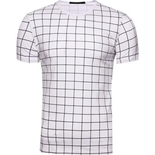 10 Yuan Round Neck T-shirt Casual Mens Half Sleeve Plaid Printed Short Sleeve