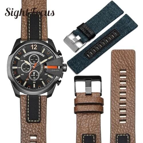 Cowboy Denim Canvas Leather Watchband for Diesel Watch Strap 26mm STRONGHOLD Bands DZ4318 DZ4345 DZ4354 Man Bracelets Brown Belt