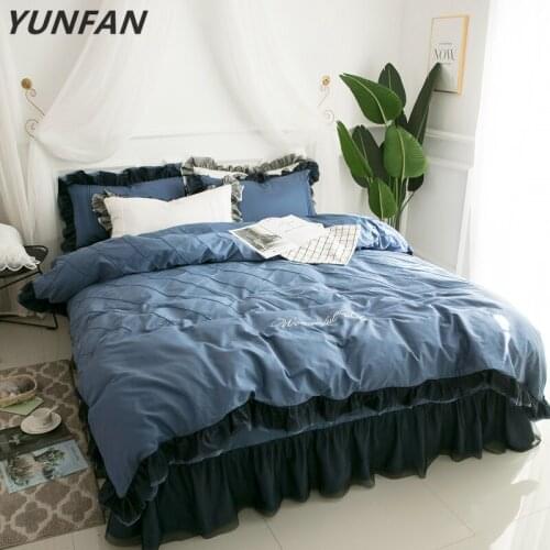 Lace Princess Wedding Luxury Bedding Set King Queen twin Pure cotton blue Bed sheet solid Duvet Cover sets Pillowcase bedclothes