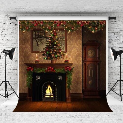 VinylBD 8x8ft Christmas Photography Backdrop Fireplace Indoor Warmth Backgrounds For Photo Studio Christmas Tree Photo Backdrop