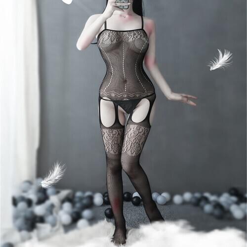 Sexy Lingerie Fishnet Body Stocking Nightwear Women Plus Size Open Crotch Bodysuit Black Sexy Hollow Out Bodystocking Sleepwear