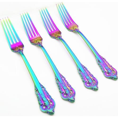 Court Style Steak Forks Luxury Engraving Handle Cultery Set Electroplate Rainbow Western Dinner Fork Kit Christmas Gift 4pcs/set