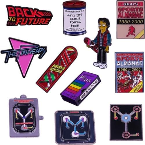 Back To The Future Theme Enamel Pin Pinheads Marty Hoverboard Brooch Sports Almanac Flux Capacitor Badge Sci-Fi Movie Jewelry