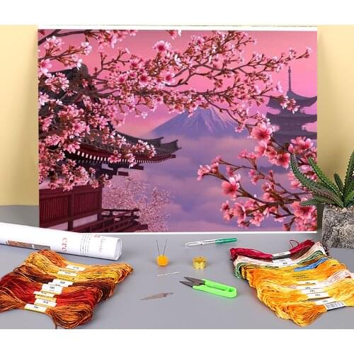 Flower Sakura Printed Fabric 11CT Cross Stitch Embroidery Full Kit DMC Threads Sewing Handicraft Painting Knitting Gift Needle