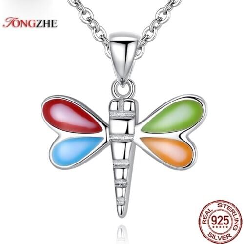 TONGZHE 925 Sterling Silver Pendant Necklace Dragonfly Dragon Fly Wings Animal CZ Choker Necklace for Women Fine Jewelry Sale