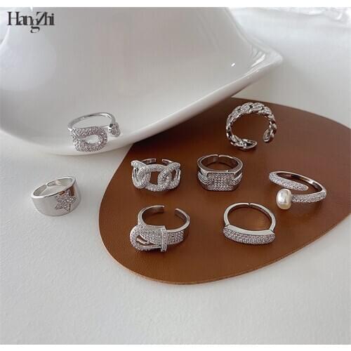 Hangzhi Vintage Exquisite Micro-Inlaid With Zircon Stone Electroplating Chain Pin Fashion Rings for Women Jewelry Accessories